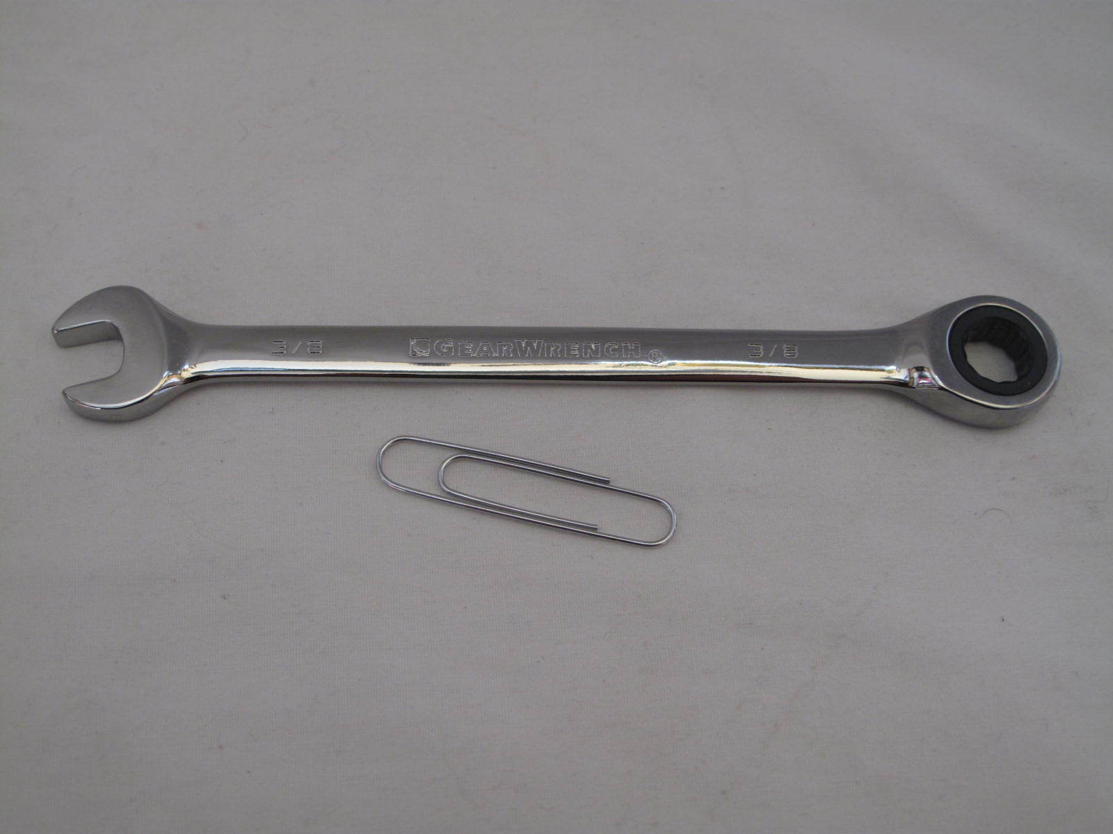 (1) New Gearwrench 3/8" Flat Ratcheting Open Box End Wrench Polished Chrome Gf