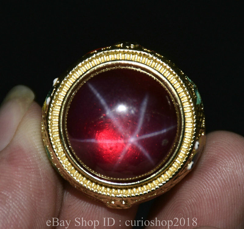 3.5cm Rare China Copper Inlay Red Gem Gilt Dynasty Woman Finger Ring Rings