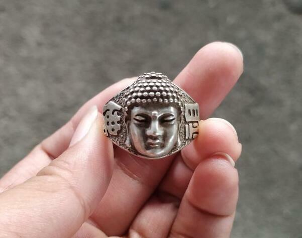 Antique Collection Tibetan Silver Cupronickel Shakyamuni Buddha Head Finger Ring