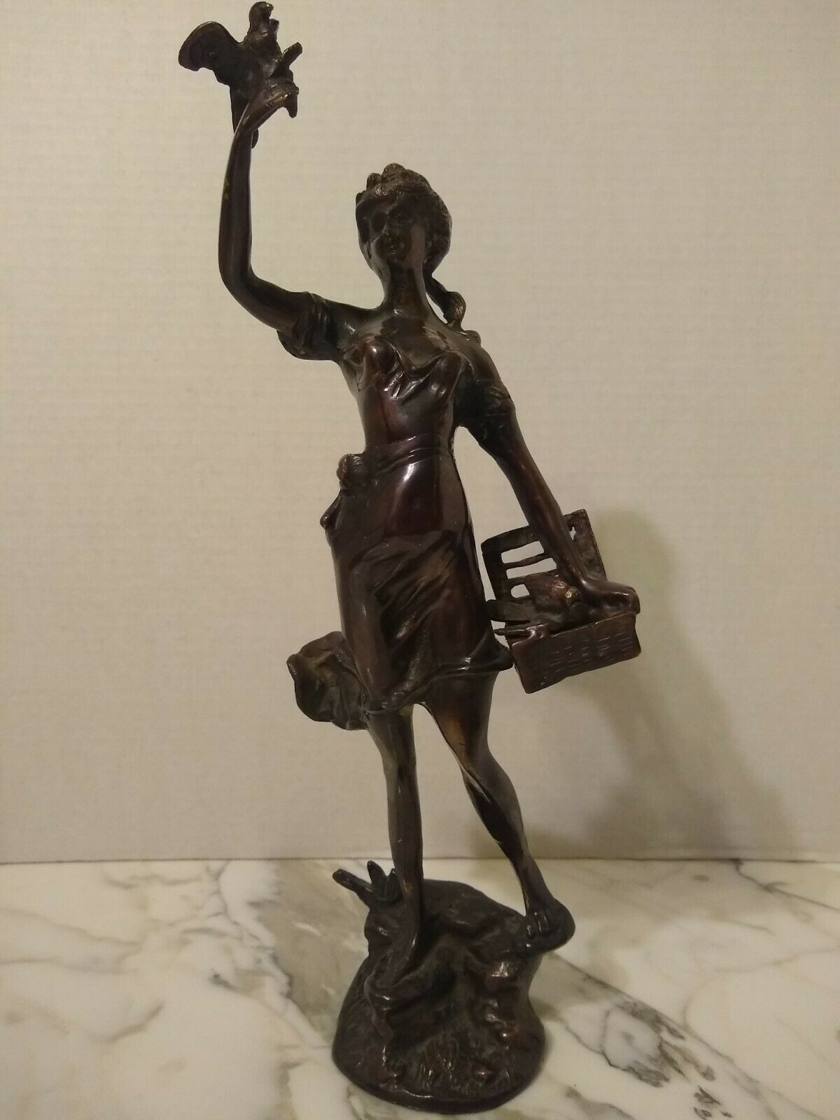 Bronze Antique Figural Statue Woman With Birds