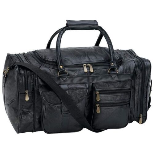 Duffle Tote Bag 21" Black Pebble Grain Leather Gym Travel Carry On Mens Luggage