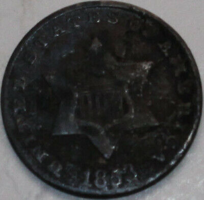 1853-p Three Cent Piece 75% Silver. You Will Receive The Coin Shown. Damaged