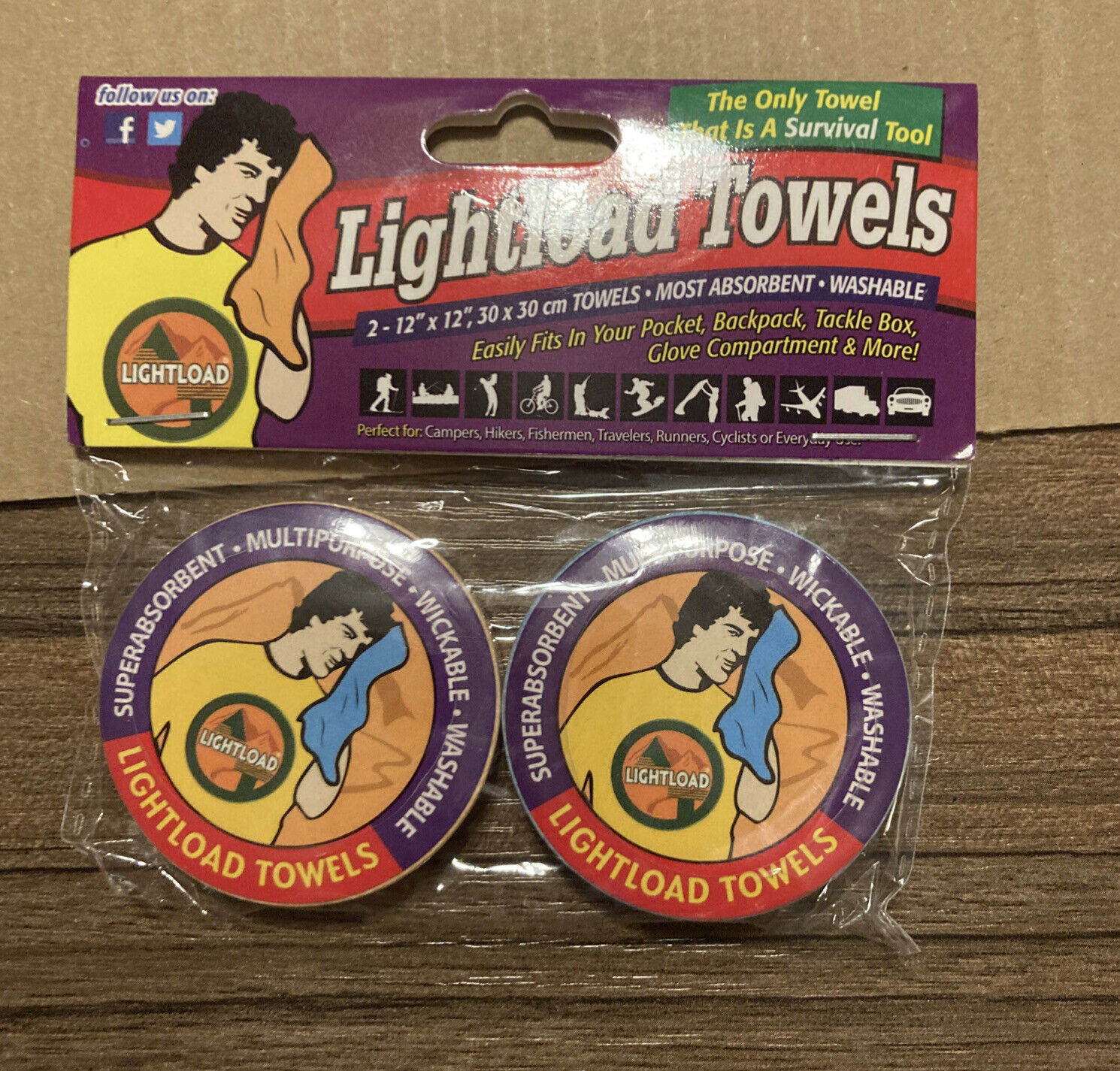 Lightload Compact Reusable 12x12" Towels Weighs .2 Oz. (2 Pack )