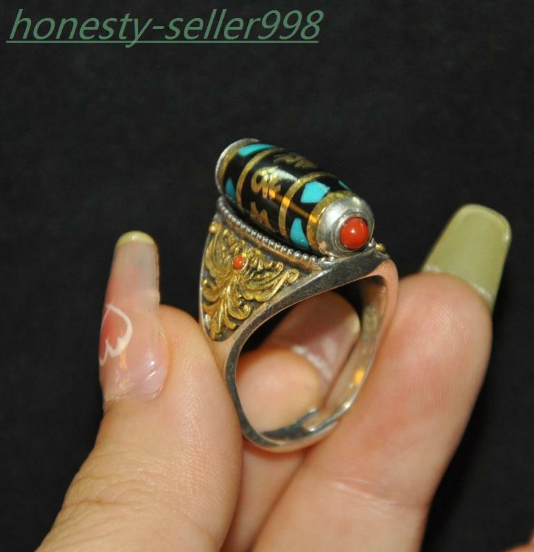 1.2'' Tibet Temple Pure Silver Inlay Agate Dzi Beads Exorcism Amulet Ring Statue