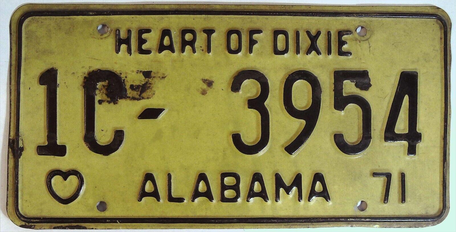 Alabama Al License Plate Tag Vintage 1971 County 1 # 1c-3954 Heart Of Dixie A2