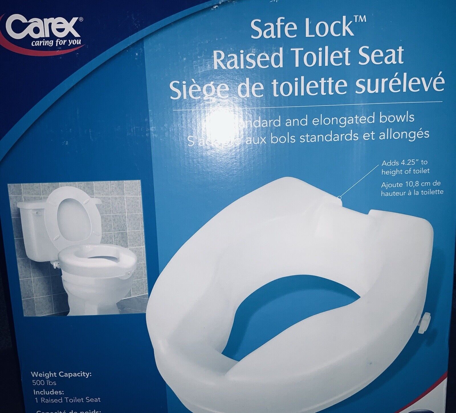 Carex Safe Lock Raised Toilet Seat, Adds 4.25", Weight Capacity 500 Lbs.