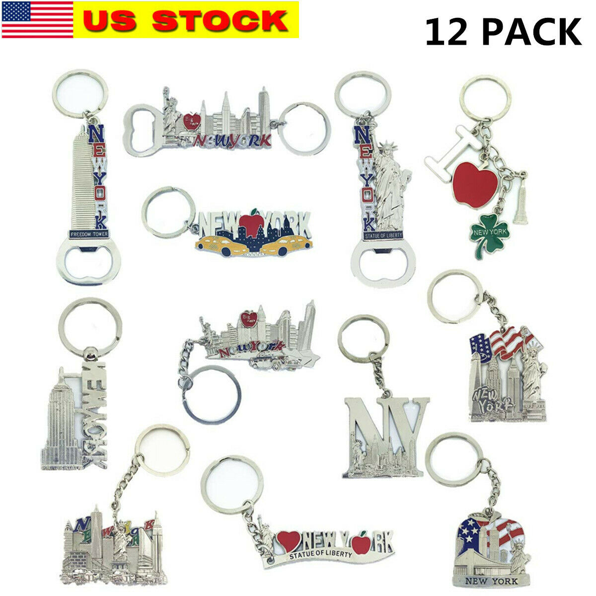 12 Pack New York City Silver Metal Keychains Nyc  Keyring Souvenir  Gift Set