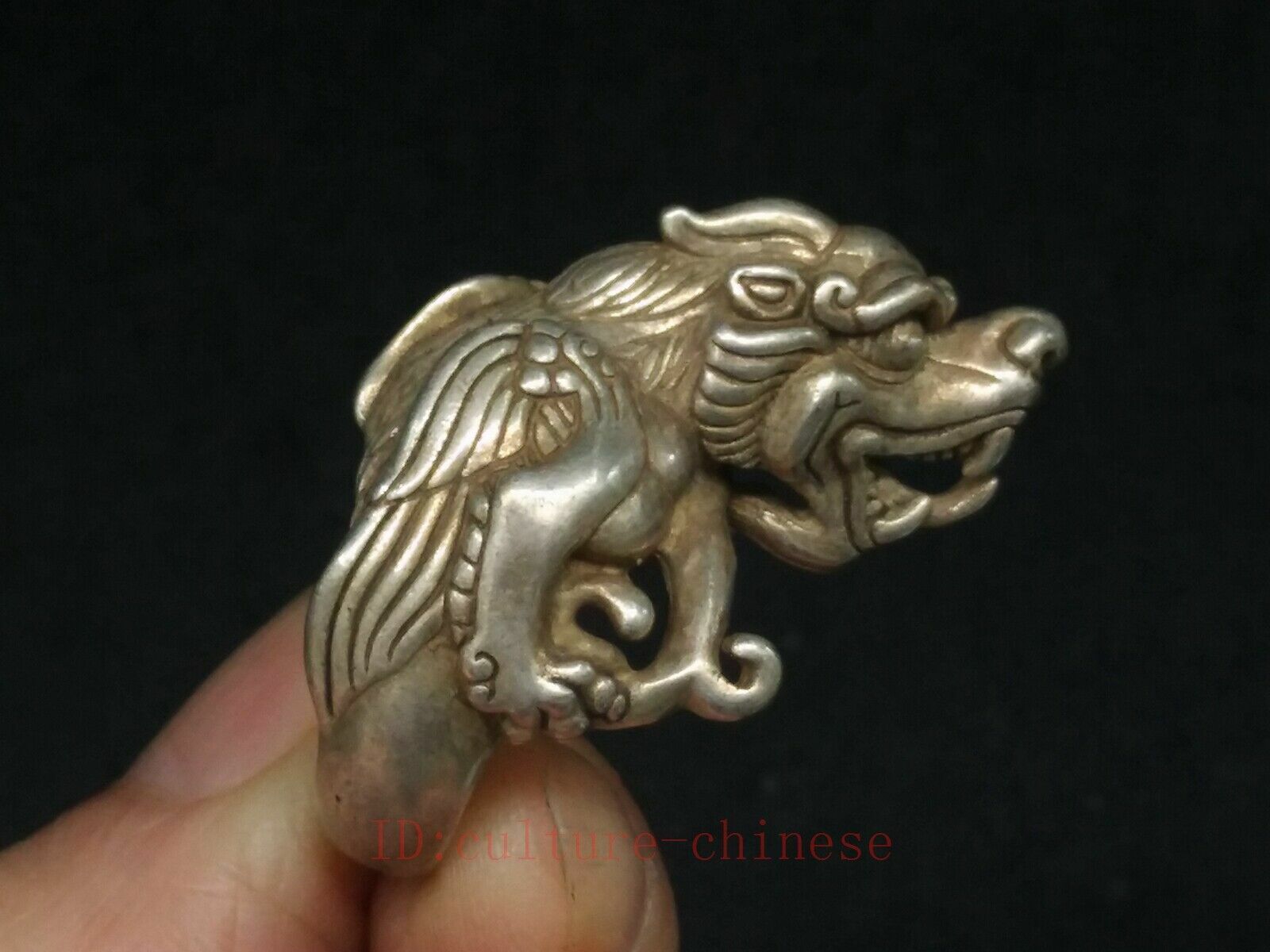Old Collection China Tibet Silver Carving God Of Wealth Statue Ring Decoration