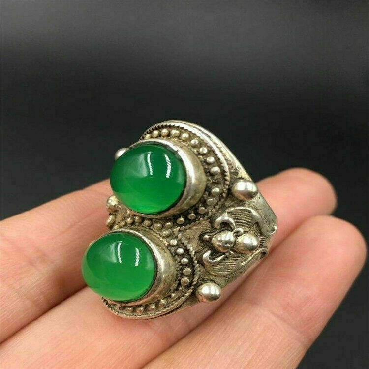 China Curio Tibet Jade Copper Inlay Ring Adjustable Ring Antiques Pendant