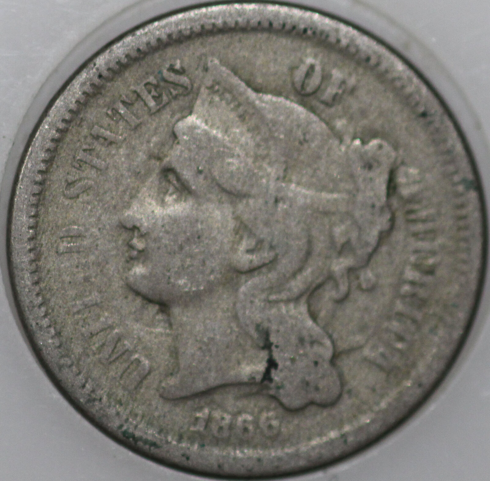 1866-p Three Cent Piece Over 100 Years Old. You'll Receive The Coin Shown [sn01]