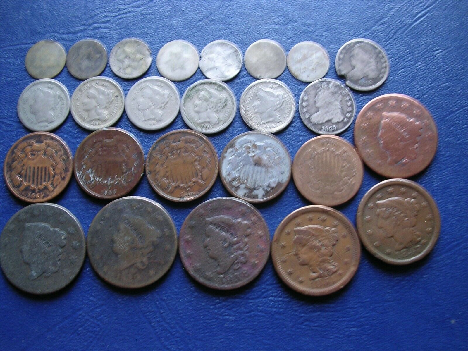 6 Large Cents, 5 2cent, 7 3cent Silver, 5 3cent Nickel & 2 Bust Dimes W/problems