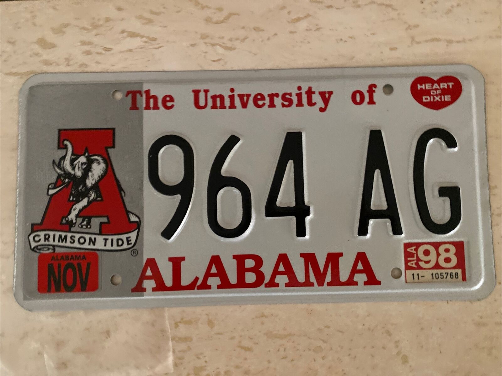 1998 University Of Alabama License Plate # 964 Ag Nice Condition. Heart Of Dixie