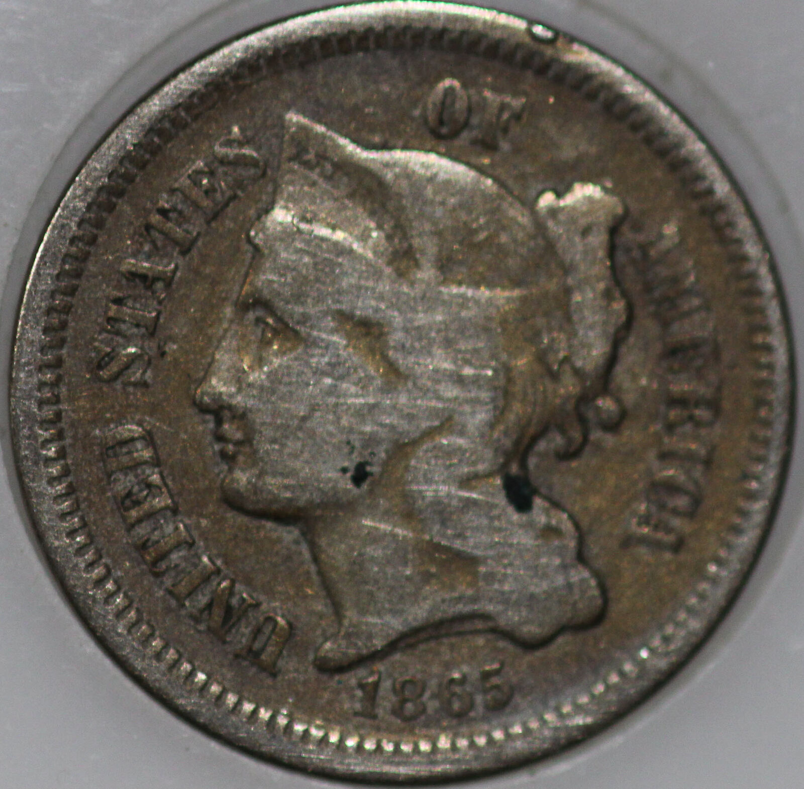 1865-p Three Cent Piece Over 100 Years Old. You'll Receive The Coin Shown [sn02]